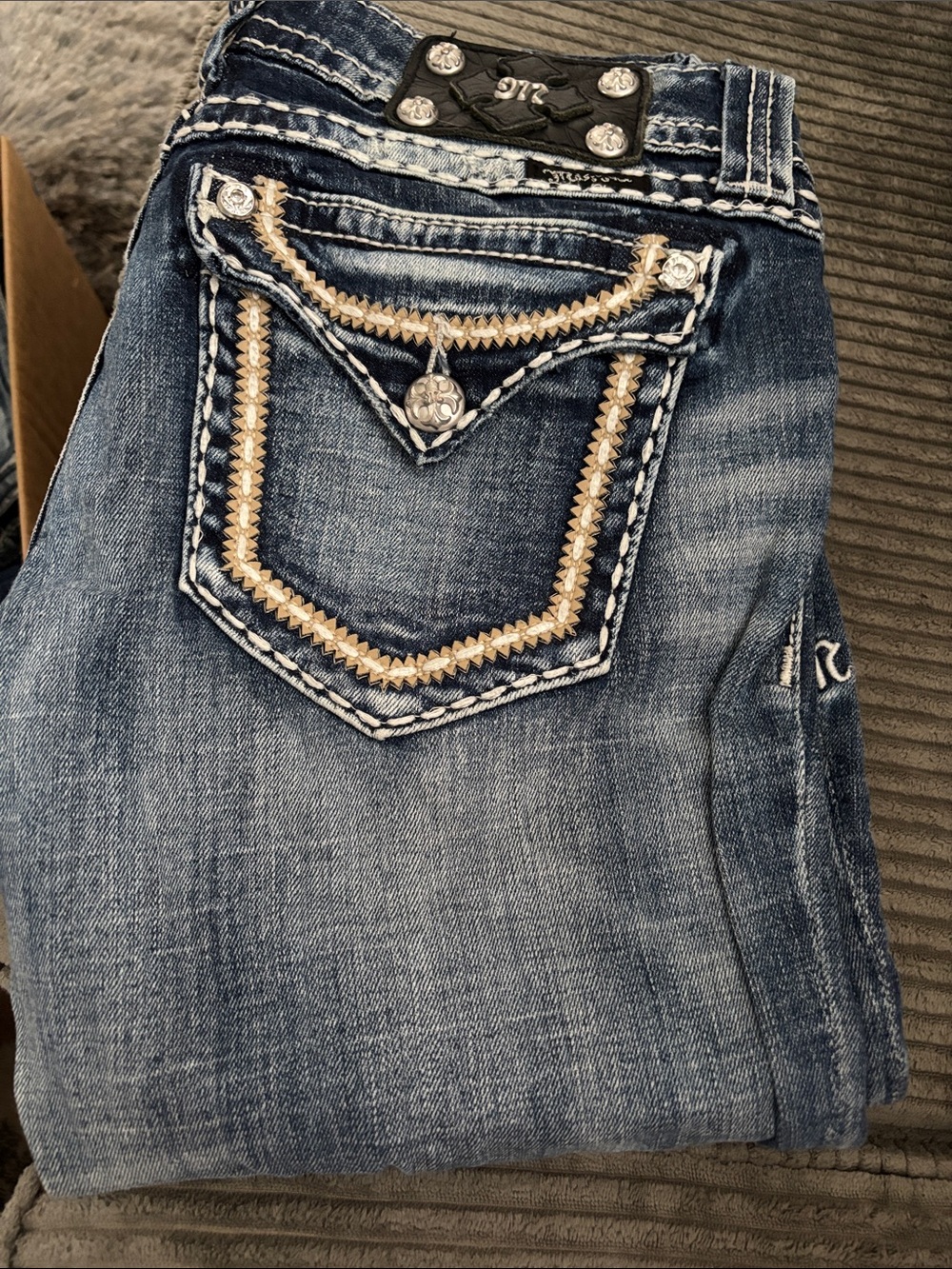 Miss Me Blue Boot Cut Jeans with Embellished Pocket Trim